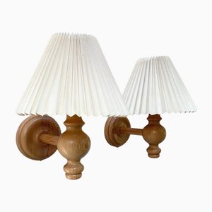 Swedish Pine Wall Lamps with Pleated Shades, 1970s, Set of 2