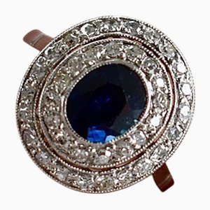 Bague Double Halo Art Déco avec Saphir et Diamants, 20ème Siècle