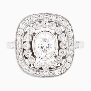 Anillo de compromiso de estilo Art Déco con doble halo con diamantes, siglo XX