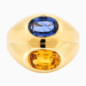 Bague Double Bande Vintage en Or 18K avec Saphir Jaune et Bleu, 1980s