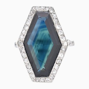 Sechseckiger Art Deco Saphir & Diamant Ring, 1920er