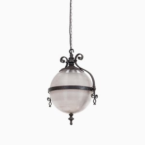 Große antike Hängelampe aus Schmiedeeisen mit Glaskugel von GEC, 1890er
