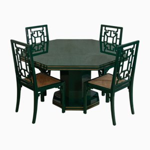 Green Lacquered Wood Dining Table and Chairs, 1970s, Set of 5