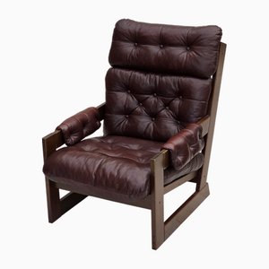 Vintage Scandinavian Highback Chair in Leather and Dark Beech, 1970s