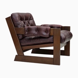 Sedia in pelle marrone e faggio scuro, Scandinavia, anni '70