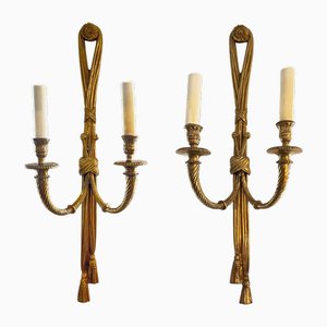 Large French Neoclassic Wall Sconces in Gilt Metal, 1950s, Set of 2
