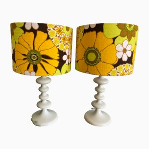 Vintage Enamel Metal Table Lamps with Fabric Lampshades, Set of 2