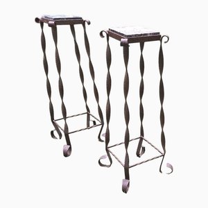 Brutalist Wrought Iron and Veined Marble Garden Columns, Set of 2