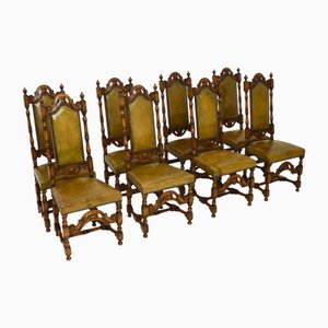 Sedie da pranzo antiche in pelle e quercia, 1920, set di 8