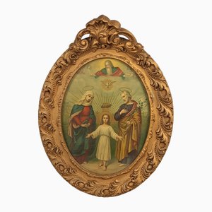 Lámina religiosa enmarcada de Giltwood de la Sagrada Familia, años 40