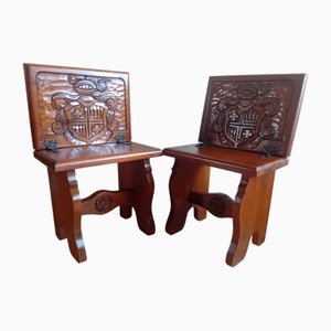Mid-Century French or Spanish Carved Oak Metamorphic Stools, 1960s, Set of 2