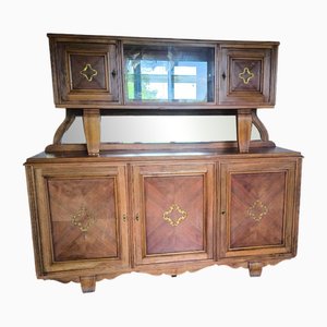 Vintage Walnut 2-Part Sideboard with 5 Mirrored Doors and Display Case, 1958