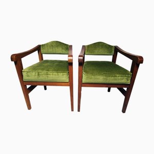 Amsterdam School Armchairs with Green Velvet Upholstery and Wooden Frames, 1930s, Set of 2