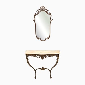 Vintage Wall Mirror and Console Table with Onyx Top and Cast Brass Frame, 1960s, Set of 2