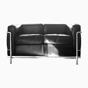 LC2 Two-Seater Sofa in Black Leather by Le Corbusier for Cassina, 2006