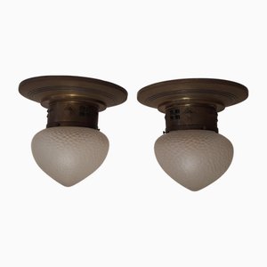 Antique German Art Nouveau Ceiling Lamps from Around 1900 with Elaborate Brass Mounting and Original Frosted Relief Glass Shade, 1890s, Set of 2