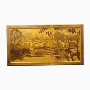 Panel grande de marquetería con decoración de la ciudad de Carcasona, años 30