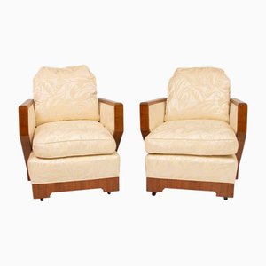 Art Deco Lounge Chairs in Eggshell Damask Upholstery, 1930s, Set of 2