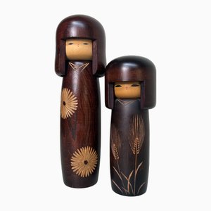 Muñecas Kokeshi vintage de Usaburo, años 80. Juego de 2