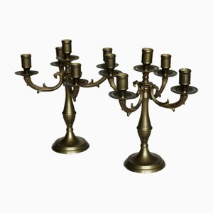 Antique 5-Branch Candelabra in Patinated Brass, 1940s, Set of 2
