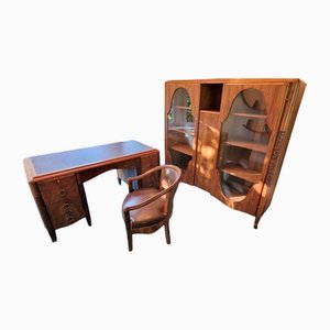 Art Deco Desk, Armchair and Bookcase, 1930s, Set of 3