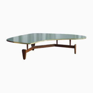 Mid-Century Boomerang Couchtisch mit Grüner Glasplatte, John Keal zugeschrieben, 1950er