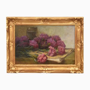 Louis Félix Bigaux, Still Life with Pink Carnations, Oil on Cardboard, 1932, Framed
