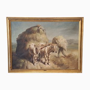 Antonino Traverso, Bueyes en el trabajo, óleo sobre lienzo, años 20-1940, enmarcado