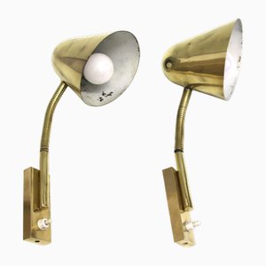 Lampade da parete Mid-Century regolabili in ottone di Jacques Biny per Luminalité, anni '50, set di 2