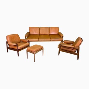 Set da salotto Mid-Century in teak e pelle, anni '60, set di 4