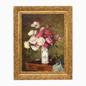 Peonie e libri, Olio su tela, XIX secolo, Incorniciato