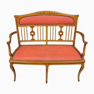 Banc Art Nouveau en Bois Clair et Marqueterie, 1900