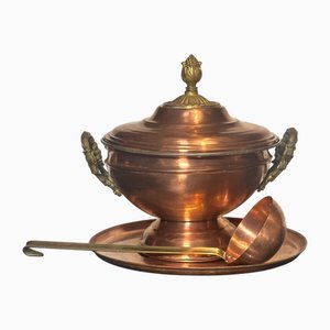 Red Copper Soup Bowl with Bronze Handels and Ladle