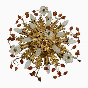 Large 15-Light Ceiling Lamp in Gold-Plated Wrought Iron and Colored Crystals from Banci Firenze, 1980s