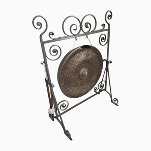 Großer viktorianischer Messing Gong mit Holzhammer, 1890er
