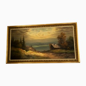 Pittoresco paesaggio di montagna con case, anni '40, dipinto a olio su tela, con cornice