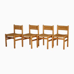 Pine and Seagrass Dining Chairs in the style of Charlotte Perriand, 1960s, Set of 4