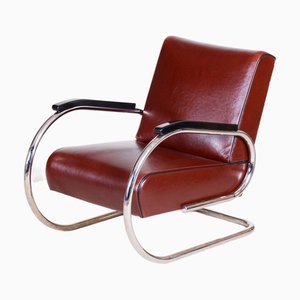 Poltrona Bauhaus in metallo cromato e pelle, anni '30
