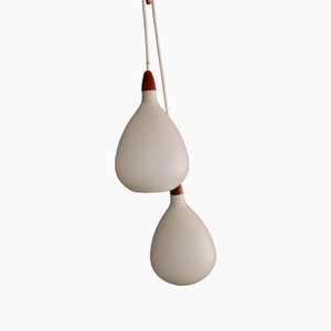 Scandinavian Opal Glass and Teak Ceiling Light attributed to Uno & Östen Kristiansson, 1960s