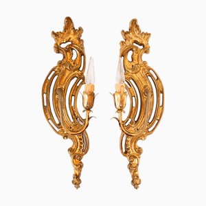 Vintage Italian Gilt Wood Wall Lights, 1970s, Set of 2