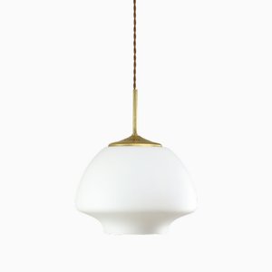 Mid-Century Modern Italian Opaline Glass and Brass Pendant Lamp