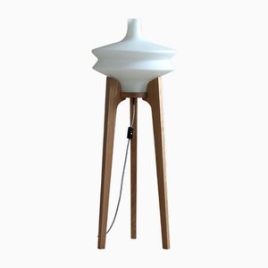 Lampadaire Space Age avec Abat-jour en Verre Blanc et Socle Tripode en Bois, Tchécoslovaquie, 1960s