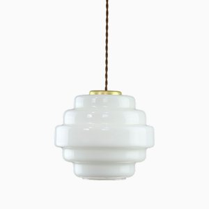Lampe à Suspension Mid-Century en Laiton et Verre Opalin, Italie