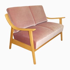 Sofá de dos plazas modernista Mid-Century de madera clara, años 60