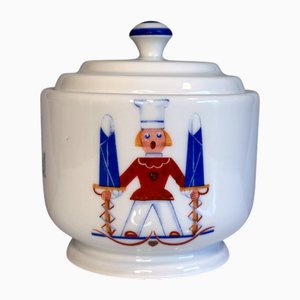 Large Porcelain Sugar Bowl with Sugar Loafs Advertising Figure and Advertising Slogan from Krister Porzellan-Manufaktur KMP, Germany, 1920s