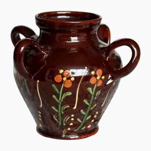 Large Antique Glazed Ceramic Jar with Floral Motif, 1980s