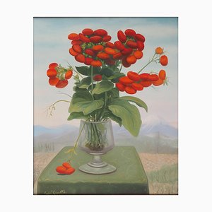 André Quellier, Red Bouquet: The Limestones and the Mountain, Oil on Panel, Framed