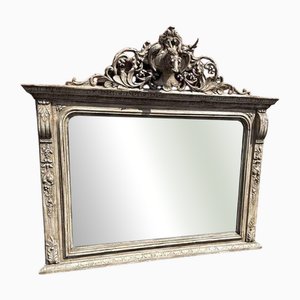 Large Antique English Painted Carved Wood Overmantle Mirror, 19th Century