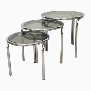 Tables d'Appoint en Chrome et Verre Fumé, Italie, 1970s, Set de 3
