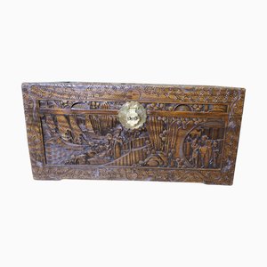 Grand Coffre en Bois de Camphre Sculpté, 1920s